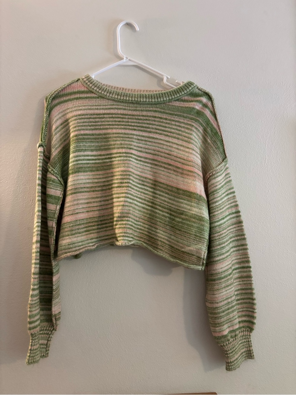 SO Striped Cropped Crew Sweater in Green and Cream